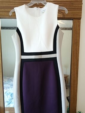 Calvin Klein White and Purple Colorblock Midi Sheath Dress